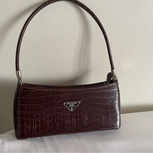 Prada Brown Croc-Embossed Shoulder Bag